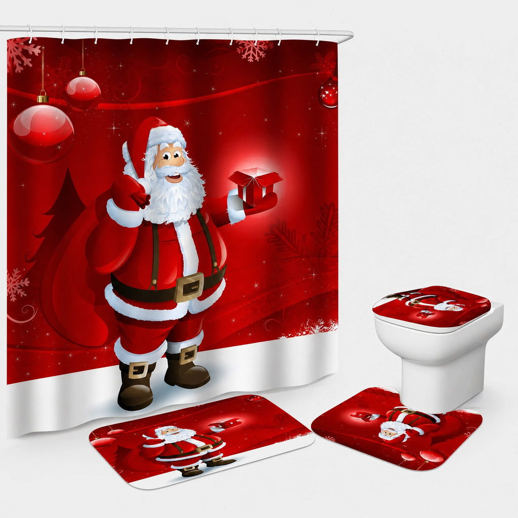 Rideau Douche Noël Village Enneigé Lune et Traineau - Père Noël rouge / 180x180 380g
