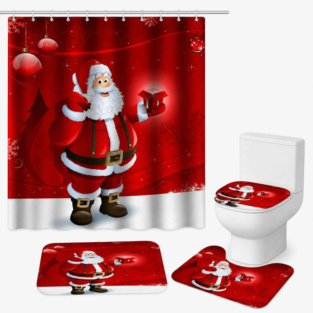 Rideau Douche Noël Village Enneigé Lune et Traineau - Père Noël rouge / 180x90 240g