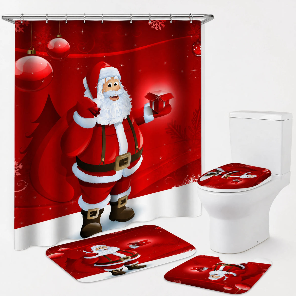 Rideau Douche Noël Village Enneigé Lune et Traineau - Père Noël rouge / Personnalisation