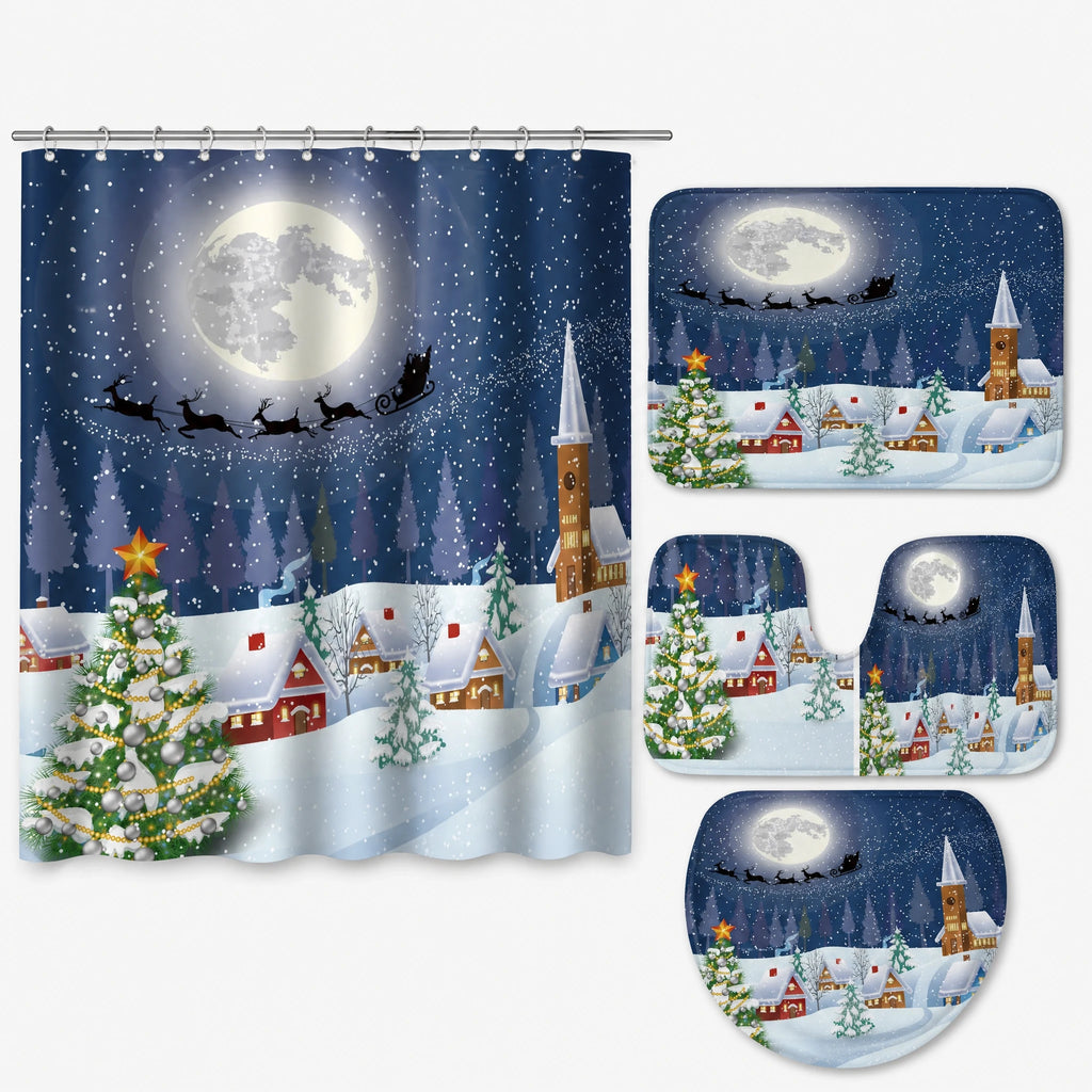 Rideau Douche Noël Village Enneigé Lune et Traineau - Sapin de Noël bleu / Personnalisation