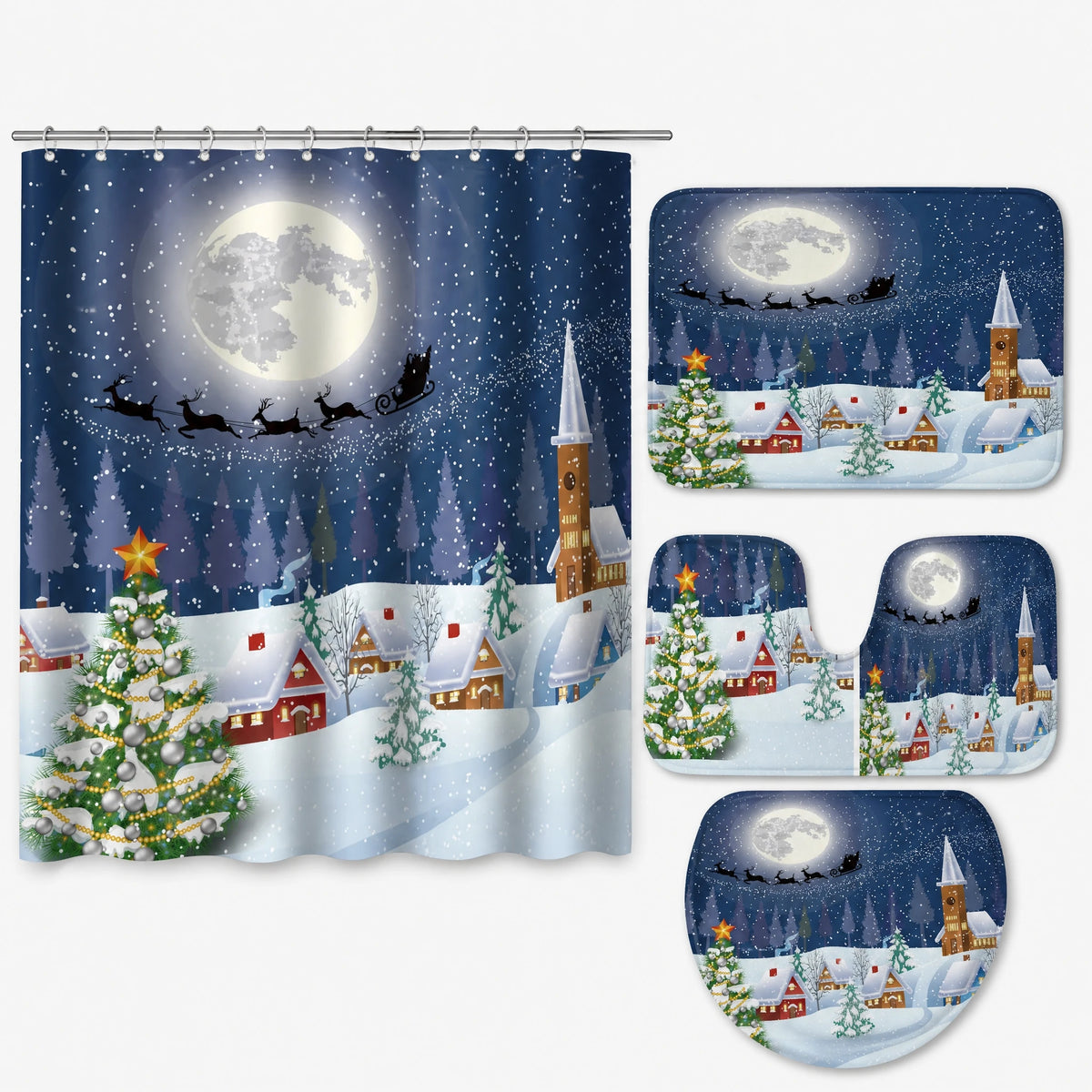Rideau Douche Noël Village Enneigé Lune et Traineau - Sapin de Noël bleu / Personnalisation