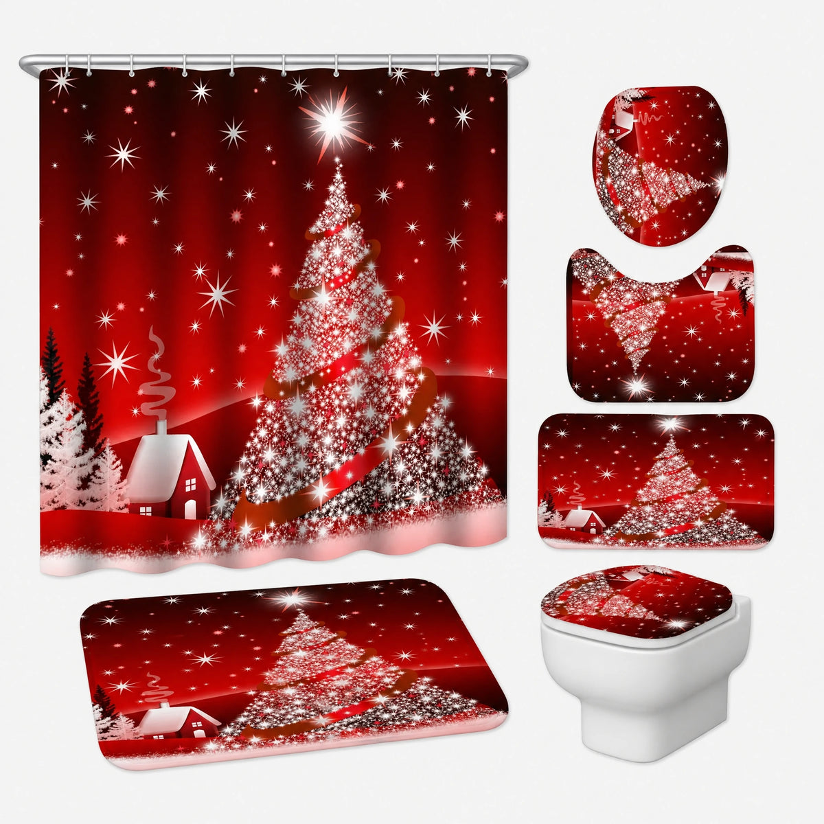 Rideau Douche Noël Village Enneigé Lune et Traineau - Sapin de Noël rouge / 120x180 300g
