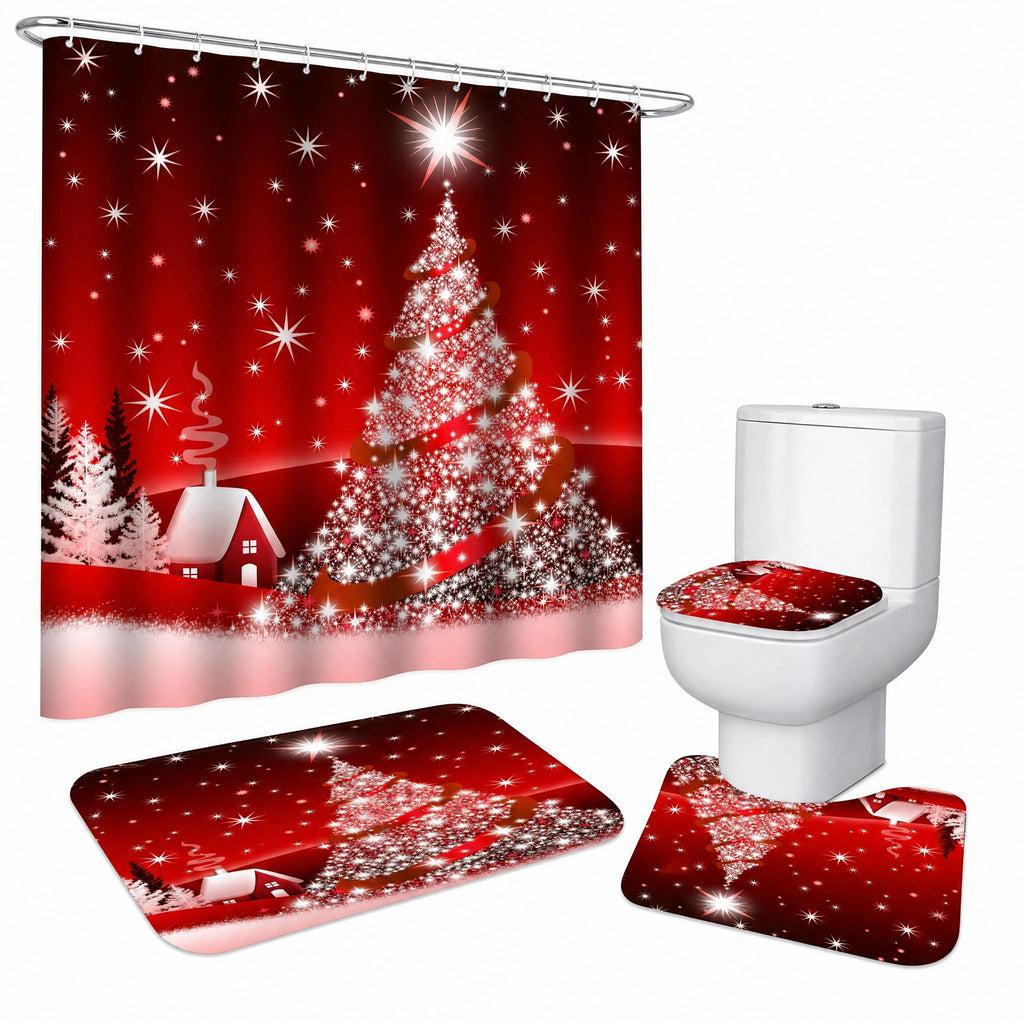 Rideau Douche Noël Village Enneigé Lune et Traineau - Sapin de Noël rouge / 165x180 360g