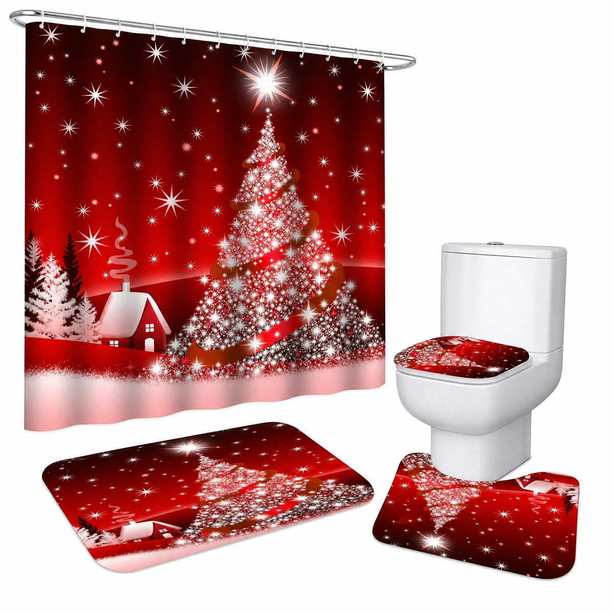 Rideau Douche Noël Village Enneigé Lune et Traineau - Sapin de Noël rouge / 165x180 360g