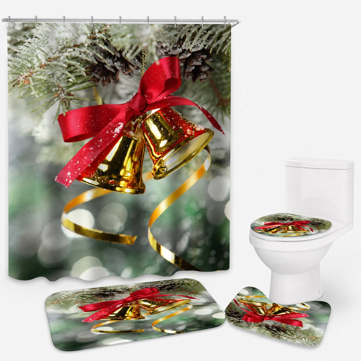 Rideau Douche Noël Village Enneigé Lune et Traineau - Vert / 120x180 300g