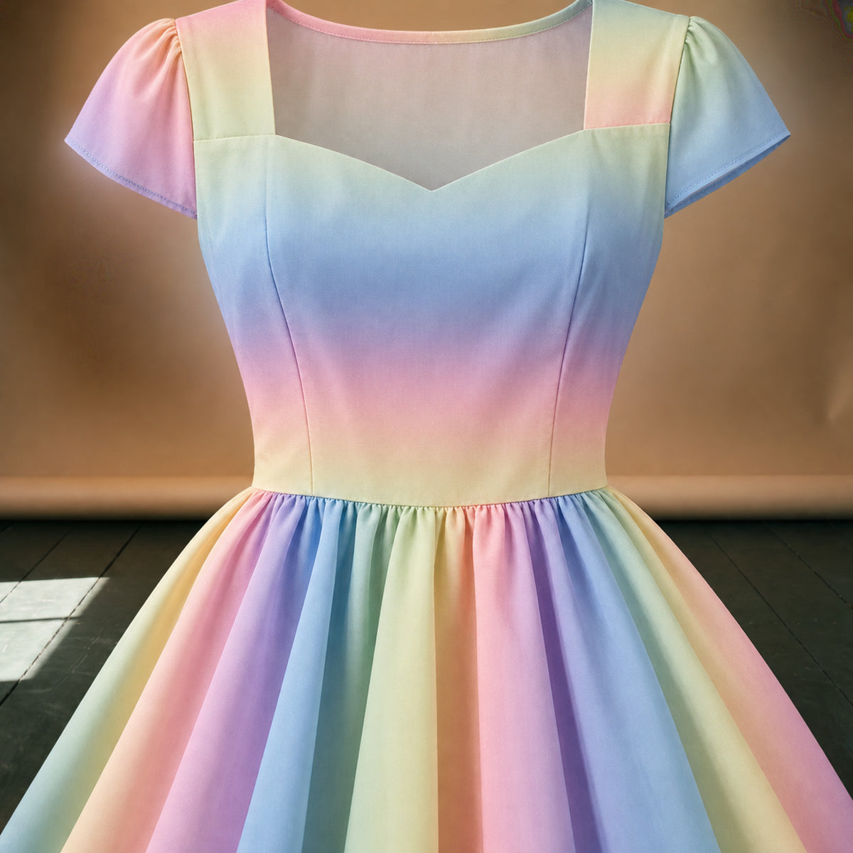 Gros plan sur les rayures pastel et le polyester de la robe arc-en-ciel style années 50 Image