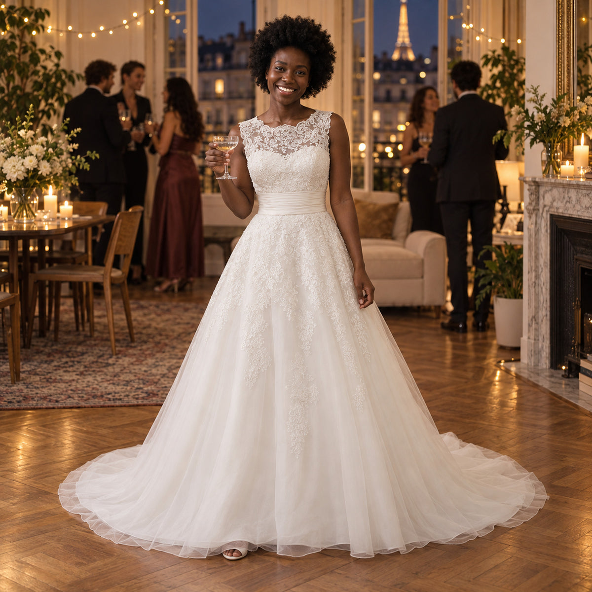 Mariée portant la robe charleston couleur ivoire de mariage longue à traîne à la sortie de l'église Image