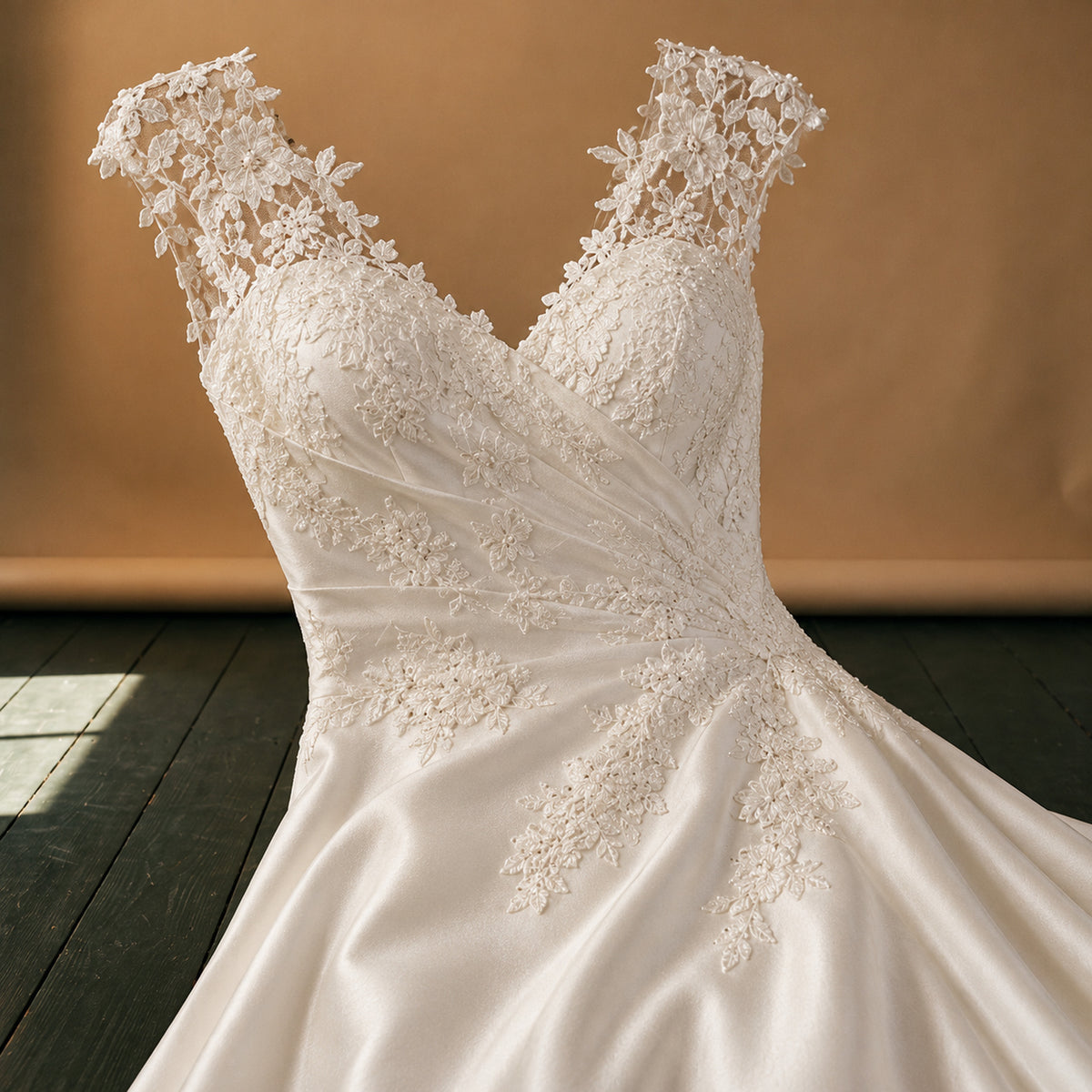 Gros plan sur le bustier en dentelle et la jupe lisse de la robe charleston grande taille mariage Image