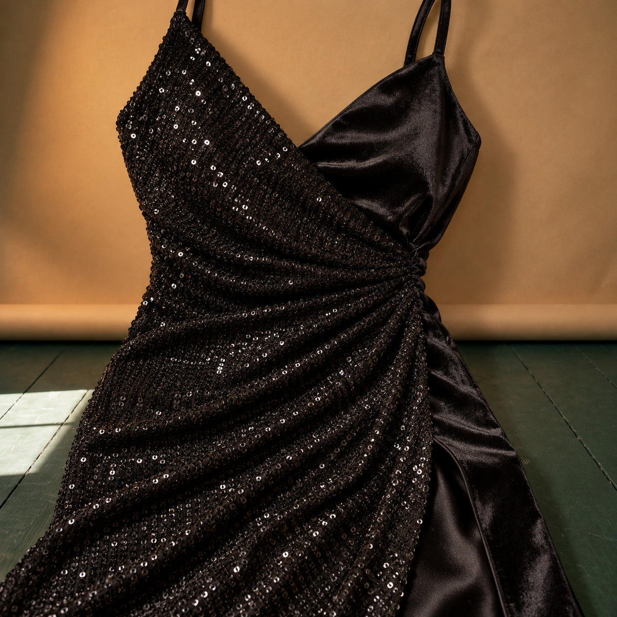 Gros plan sur le pan à sequins, le pan uni et le drapé de la taille de la robe charleston portefeuille Image