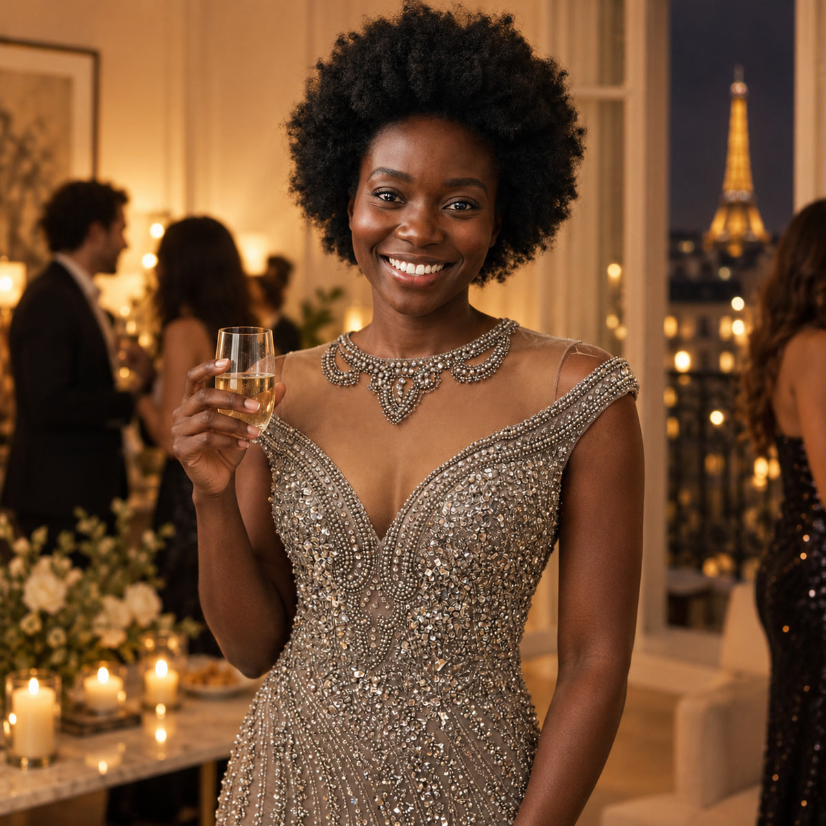 Femme portant la robe cocktail charleston perlée lors d'un mariage, au moment de la première danse Image