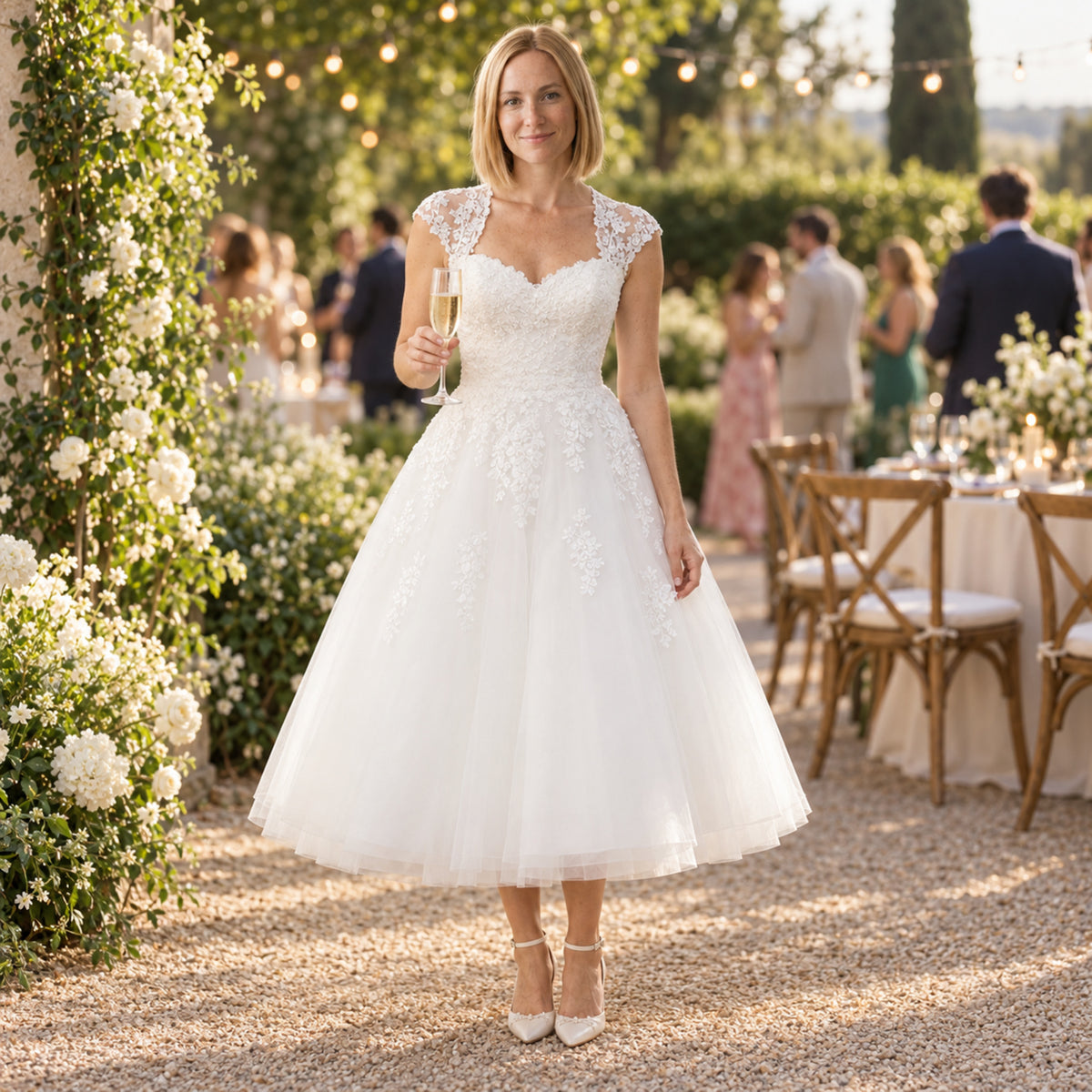 Mariée en robe courte en dentelle et tulle dansant lors d'une réception au jardin, guirlandes lumineuses Image