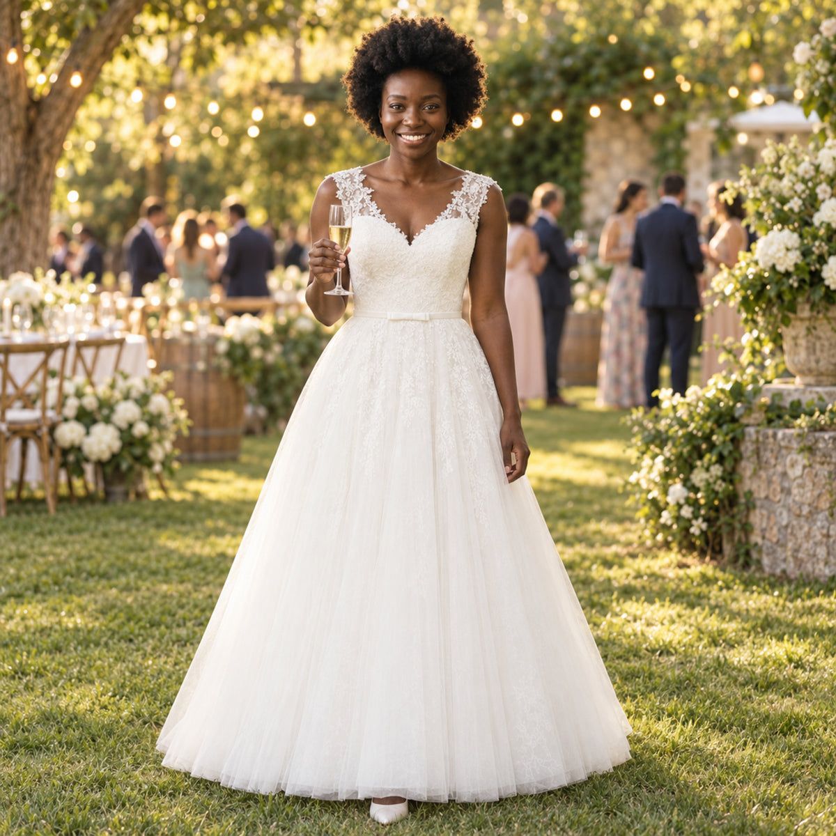 Mariée en robe courte vintage en dentelle et tulle lors d'une réception en plein air au jardin, guirlandes lumineuses Image