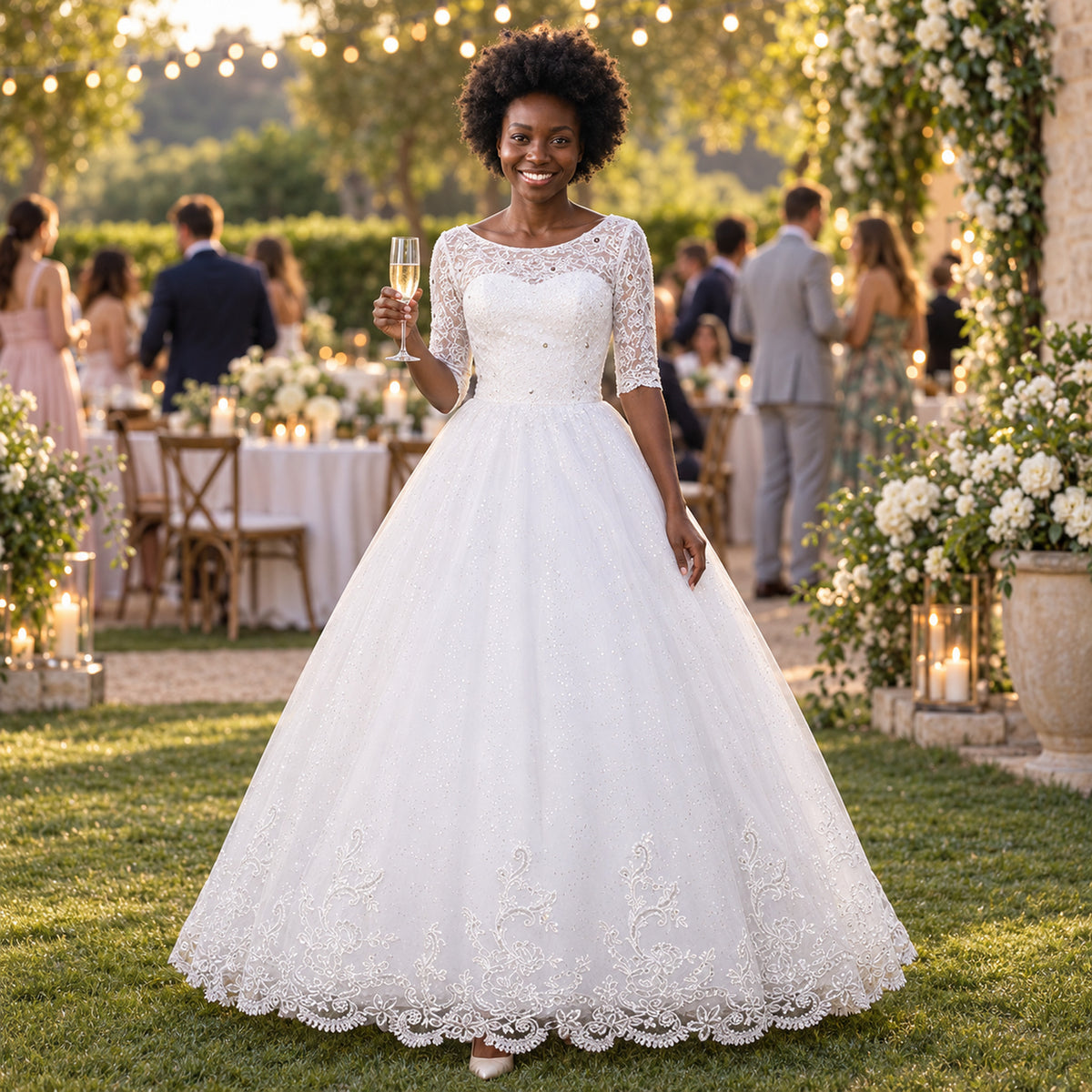 Mariée portant la robe de mariée vintage en dentelle à manches mi-longues pendant le repas de mariage Image