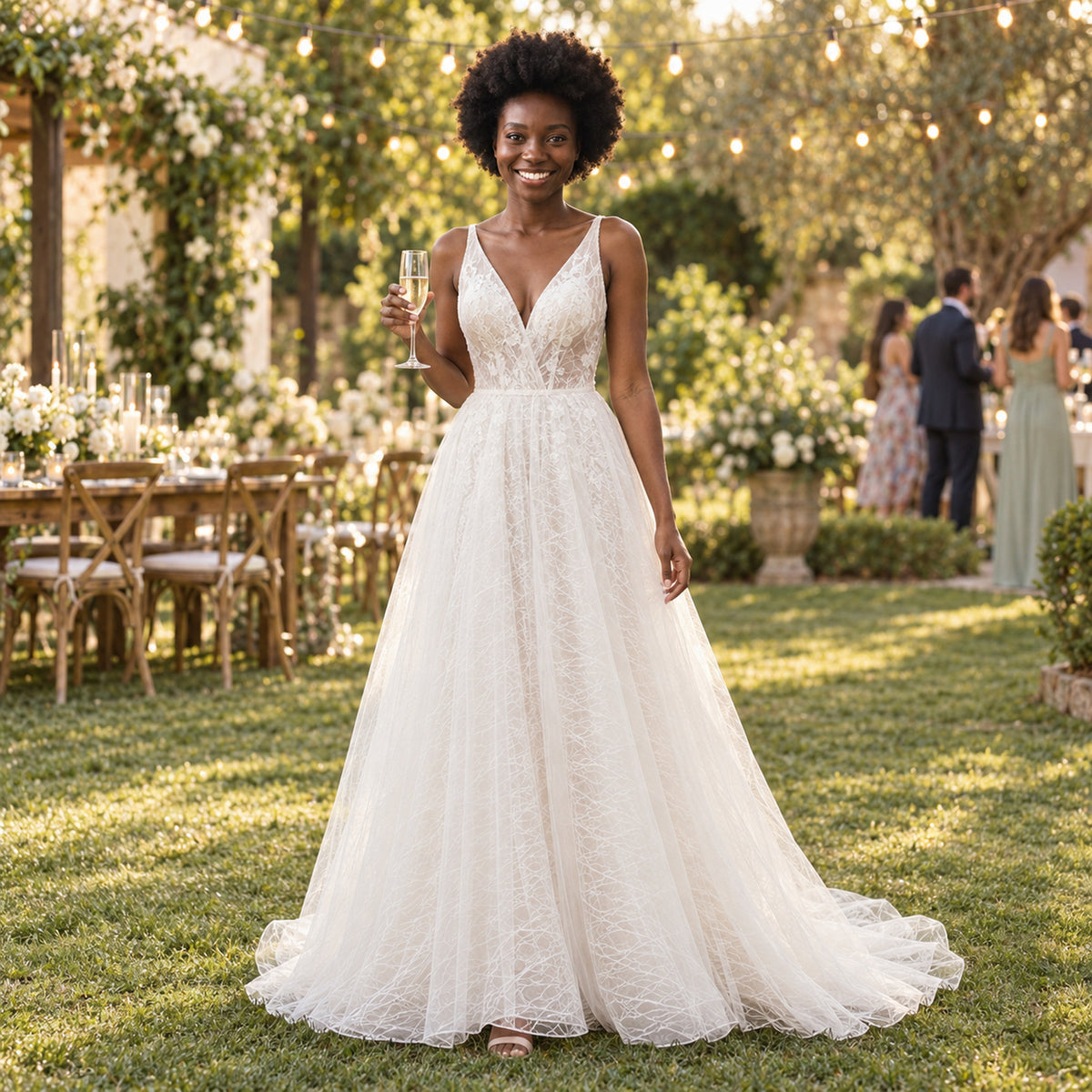 Mariée portant la robe de mariée vintage chic en tulle à dos nu lors d'un mariage d'été dans un jardin Image