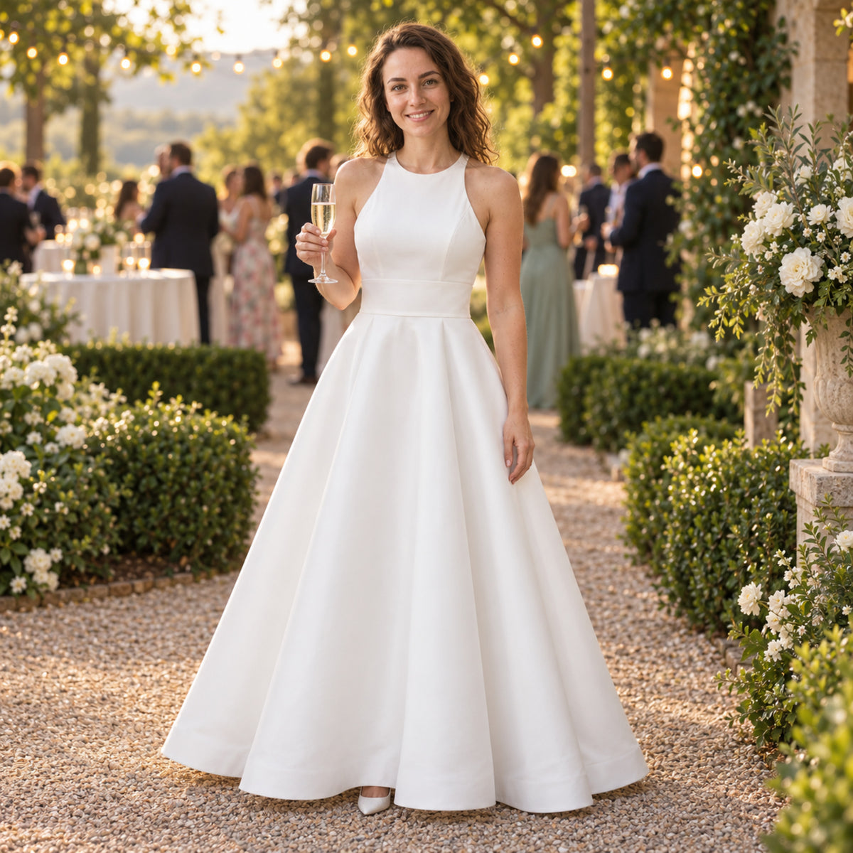 Mariée en robe vintage mi-longue à dos en dentelle lors d'une réception en plein air au jardin Image