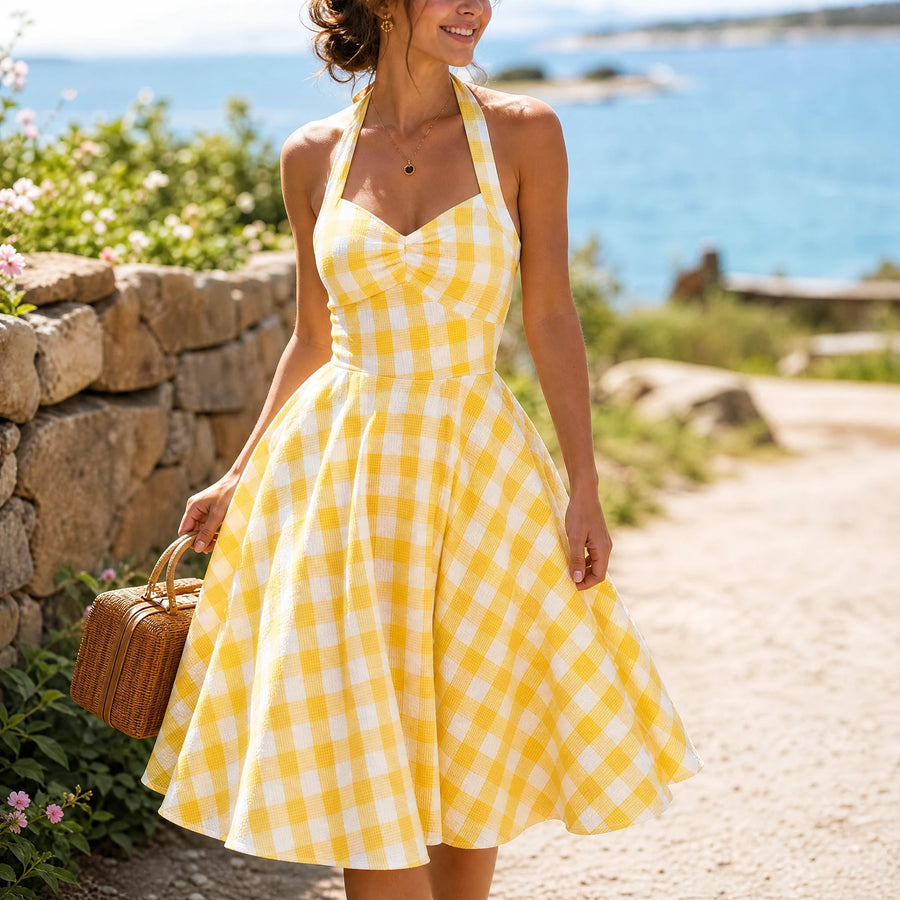 Robe Jaune Plaid des années 1950 - Utilisation GLOBALE