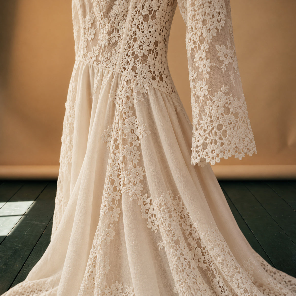Gros plan sur la dentelle, les appliques et la fine bretelle de la robe de mariée bohème chic vintage Image