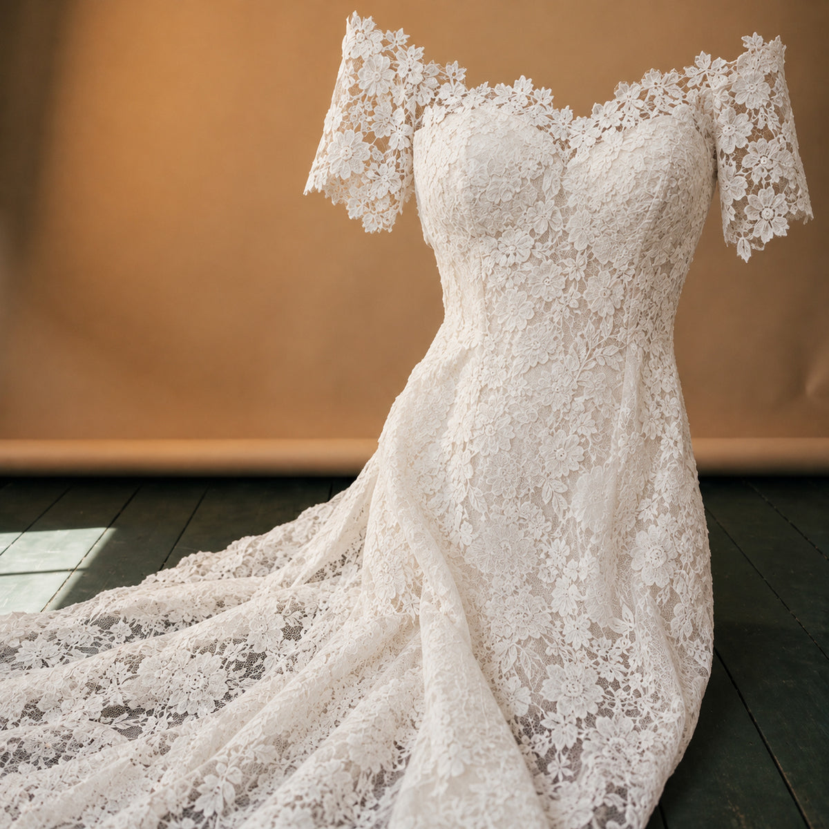Gros plan sur la dentelle fleurie et les manches courtes de la robe de mariée bohème vintage Image