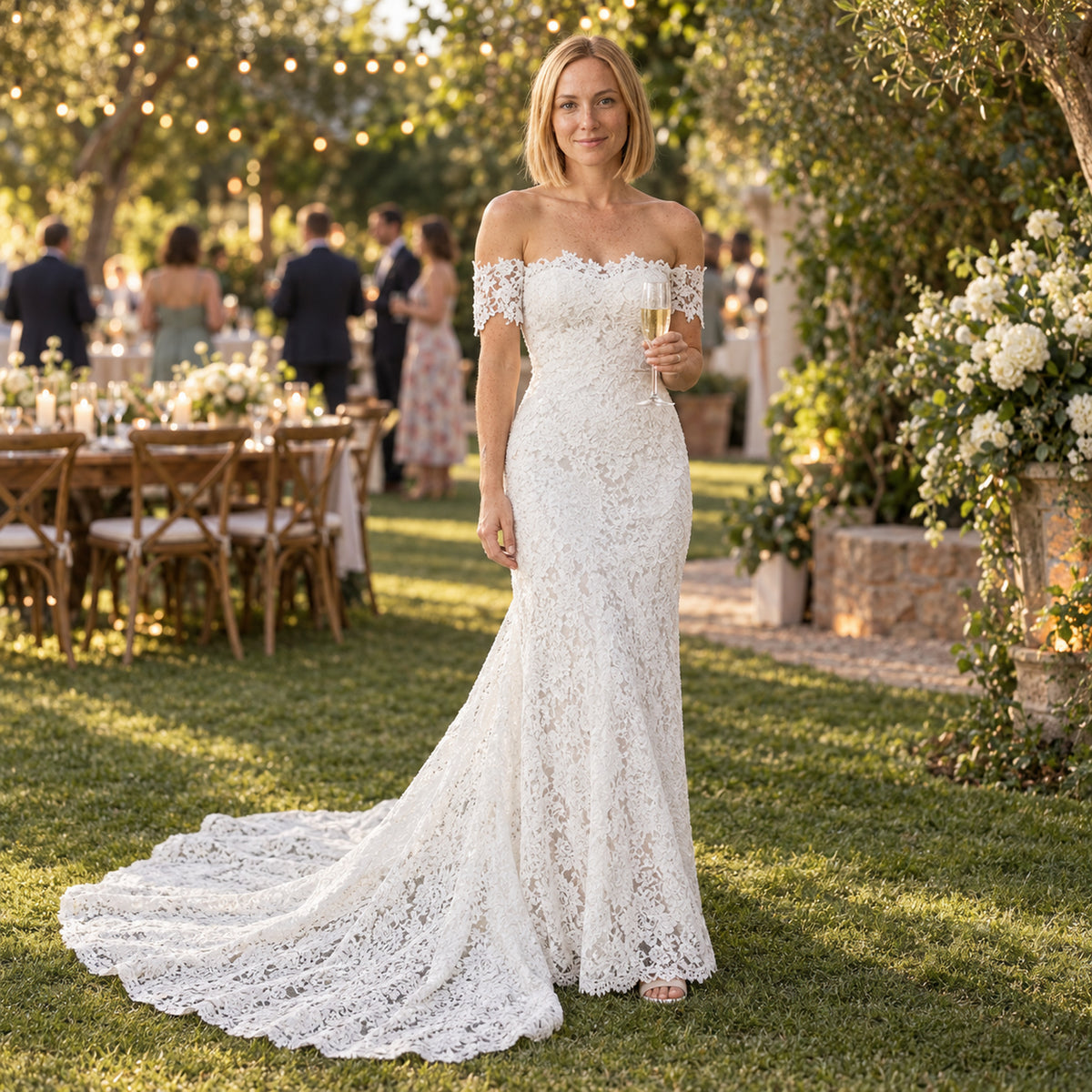 Mariée portant la robe de mariée bohème vintage en dentelle dans un jardin au coucher du soleil Image