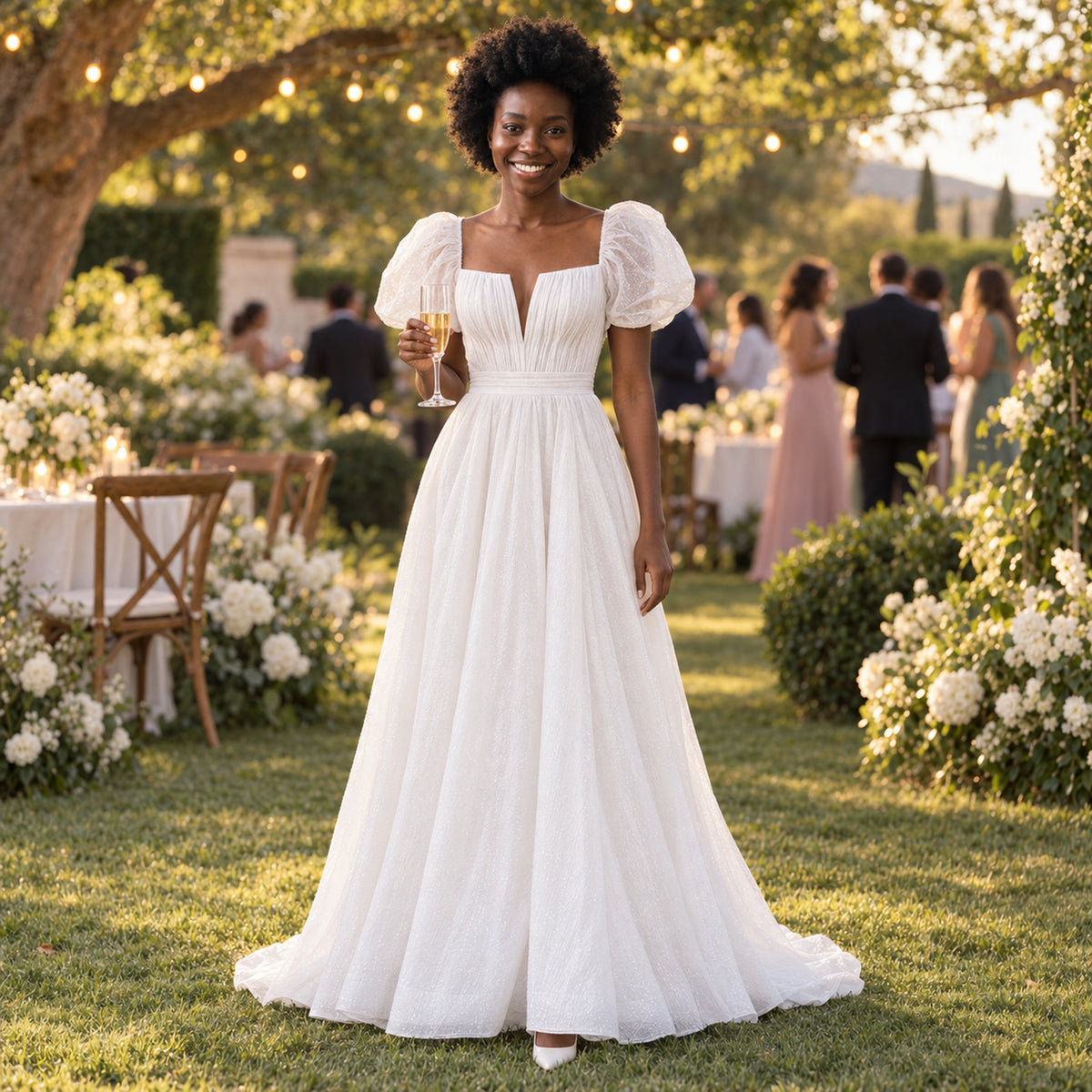 Mariée en robe style année 80 lors d'une réception en plein air au jardin, guirlandes et invités flous Image