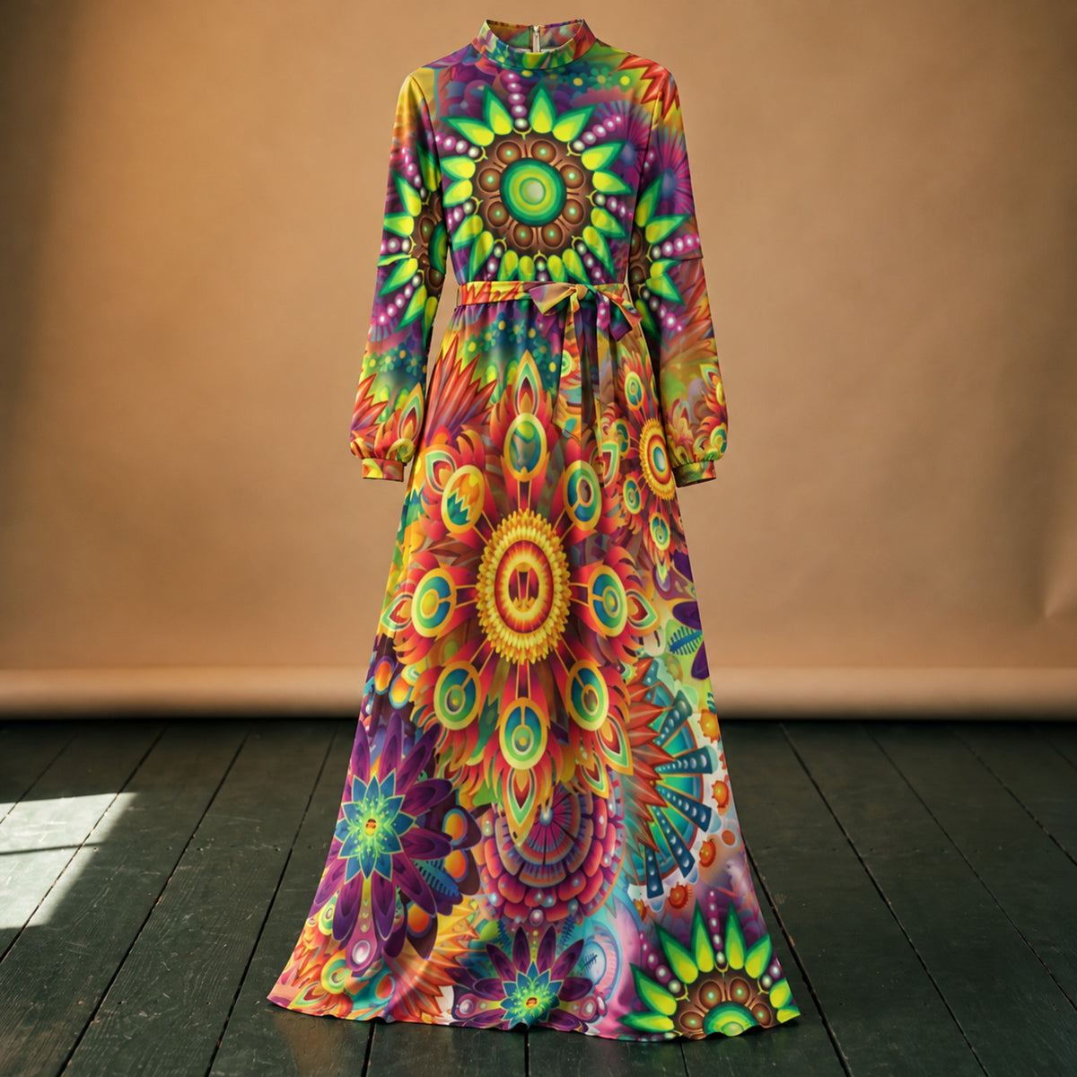 Gros plan sur le polyester léger, le col roulé et la ceinture nouée de la robe maxi vintage années 80 Image