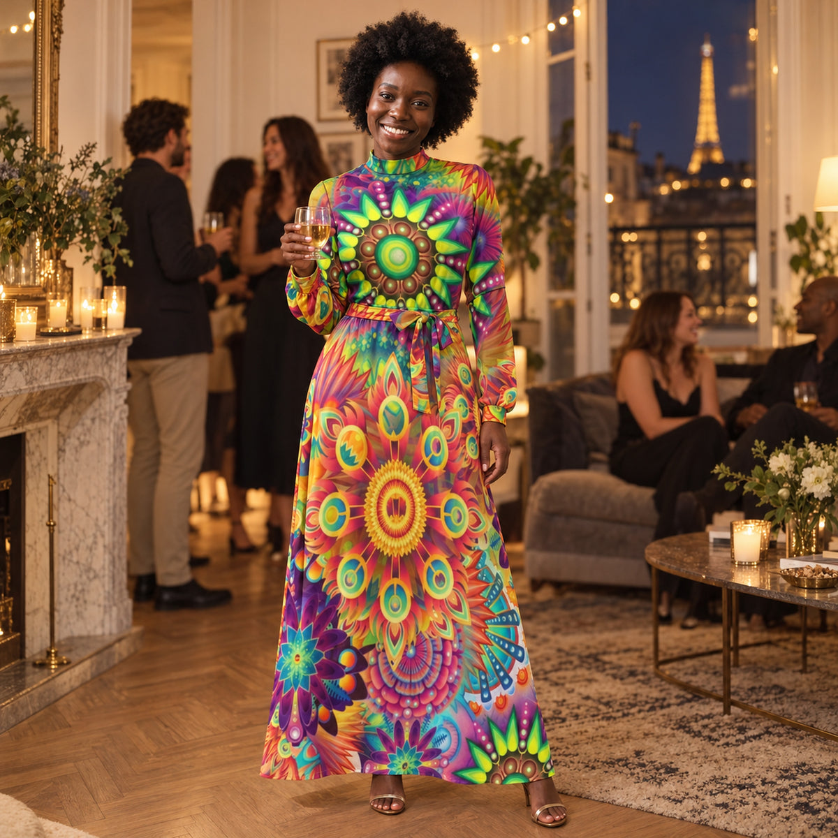 Femme portant la robe maxi vintage années 80 à col roulé lors d'une soirée à thème entre amis Image