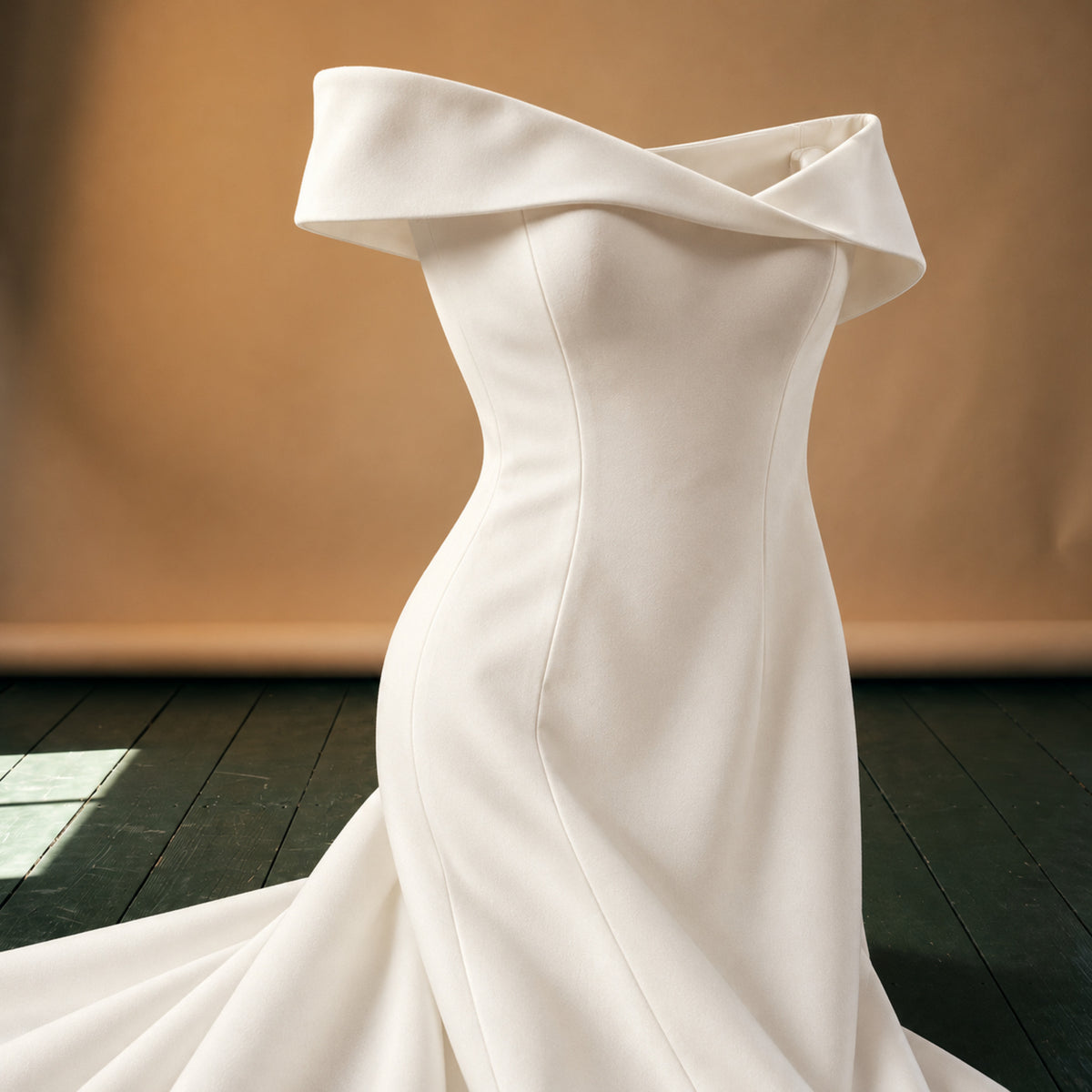 Gros plan sur le bandeau d'épaules et le tissu blanc uni de la robe style charleston pour mariage sirène Image