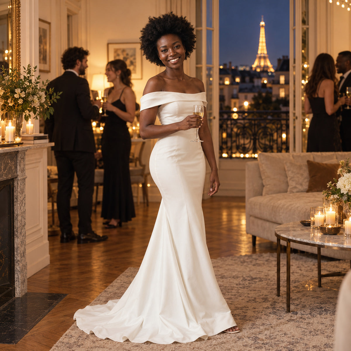 Mariée portant la robe style charleston blanche à coupe sirène sur une plage, traîne relevée d'une main Image