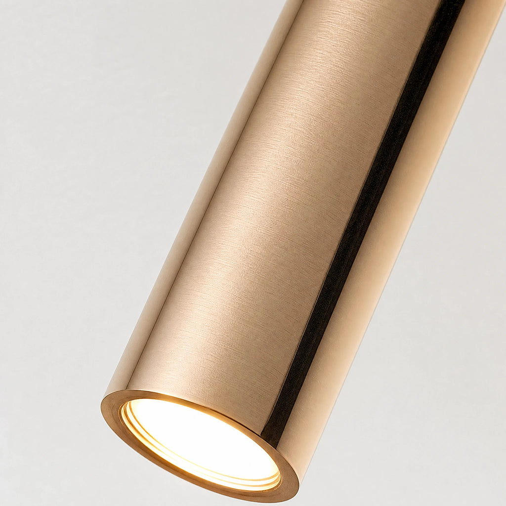 Suspension Cylindrique Dorée LED à Tube Long Moderne - close-up détail matière