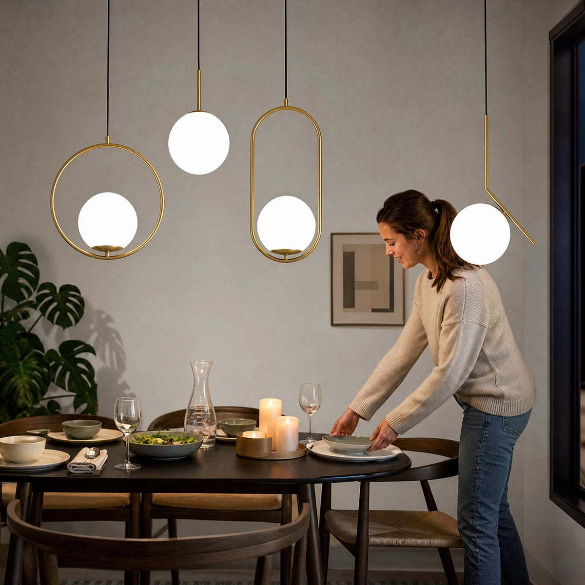 Suspension Luminaire Minimaliste avec Formes Géométriques Dorées - Utilisation GLOBALE