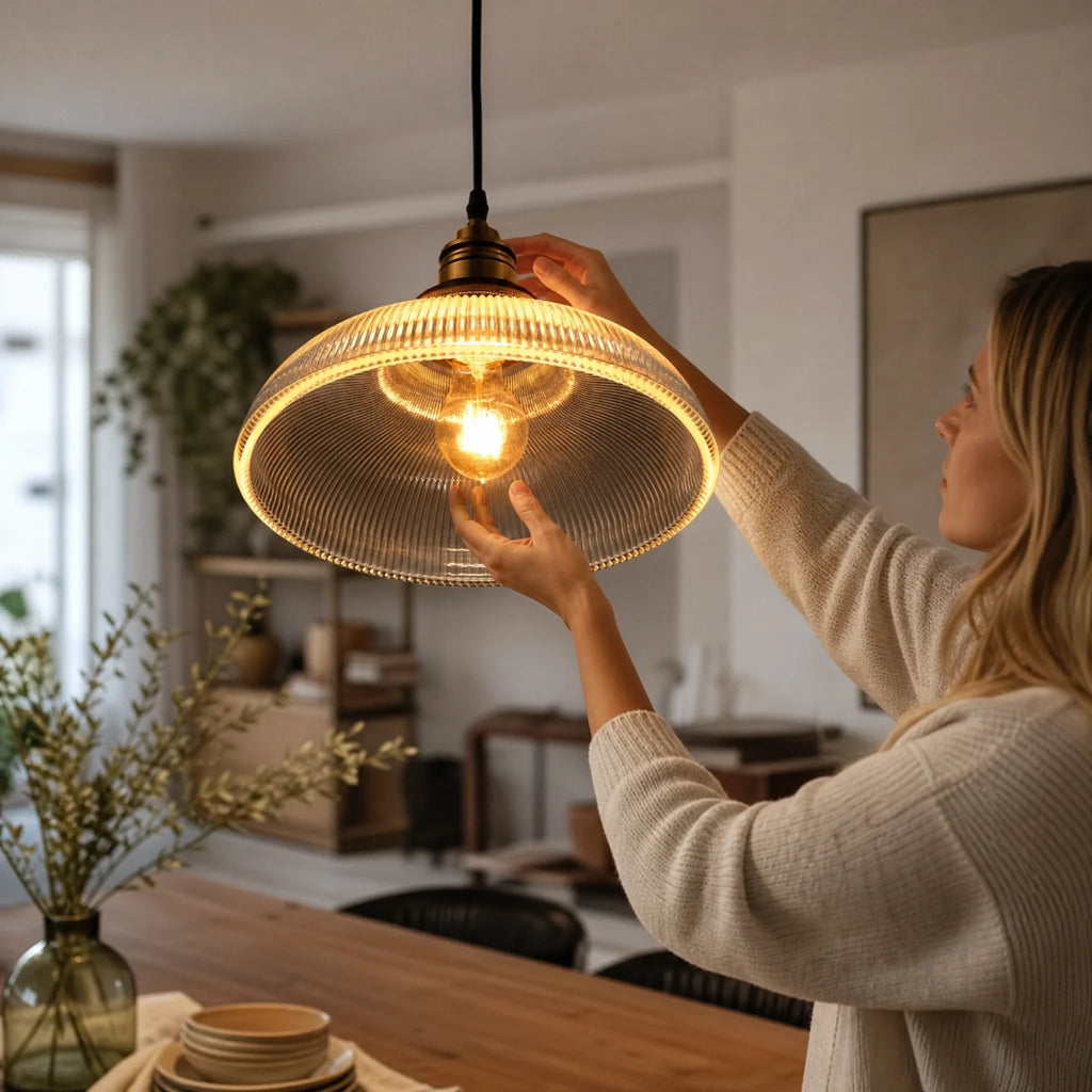 Suspension Verre Strié Abat-Jour Cloche Finition Bronze - Utilisation GLOBALE