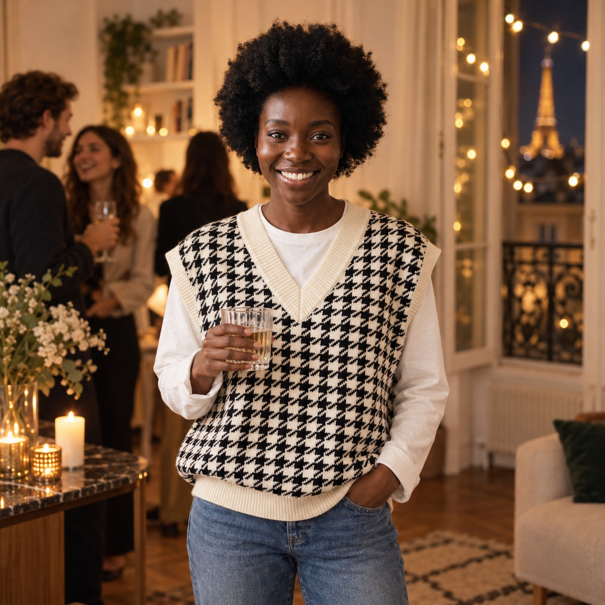 Femme portant le sweat vintage sans manches pied-de-poule sur une chemise blanche en terrasse de café Image