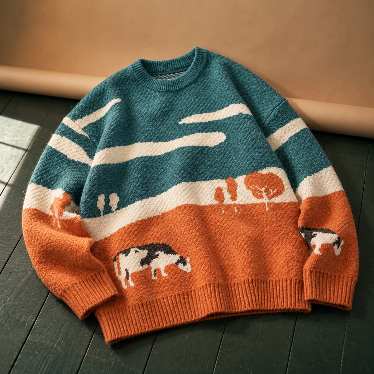 Gros plan sur la maille acrylique et polyester et le motif cartoon tricoté du sweat vintage homme Image