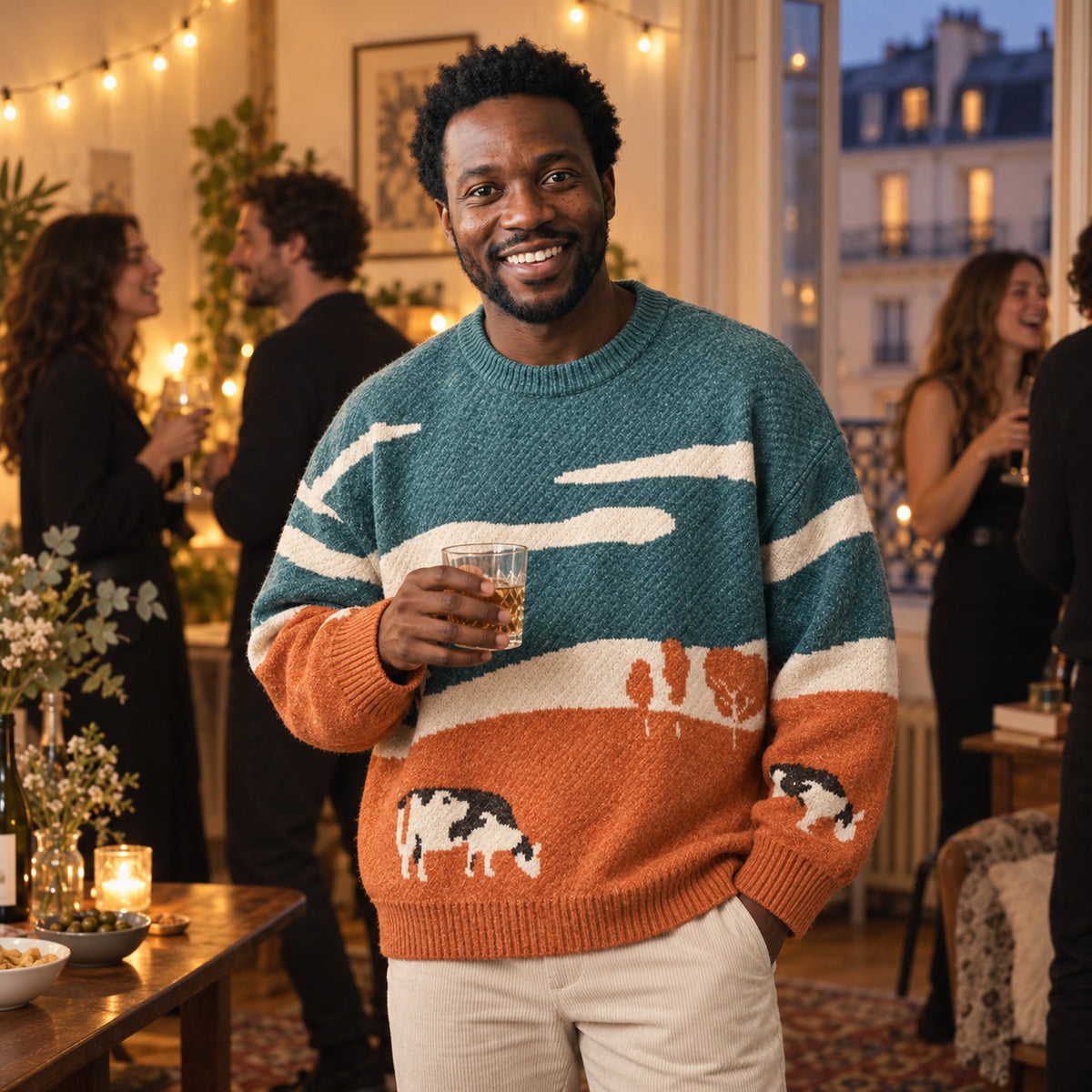 Homme portant le sweat vintage à coupe ample et motif cartoon à une terrasse de café en automne Image