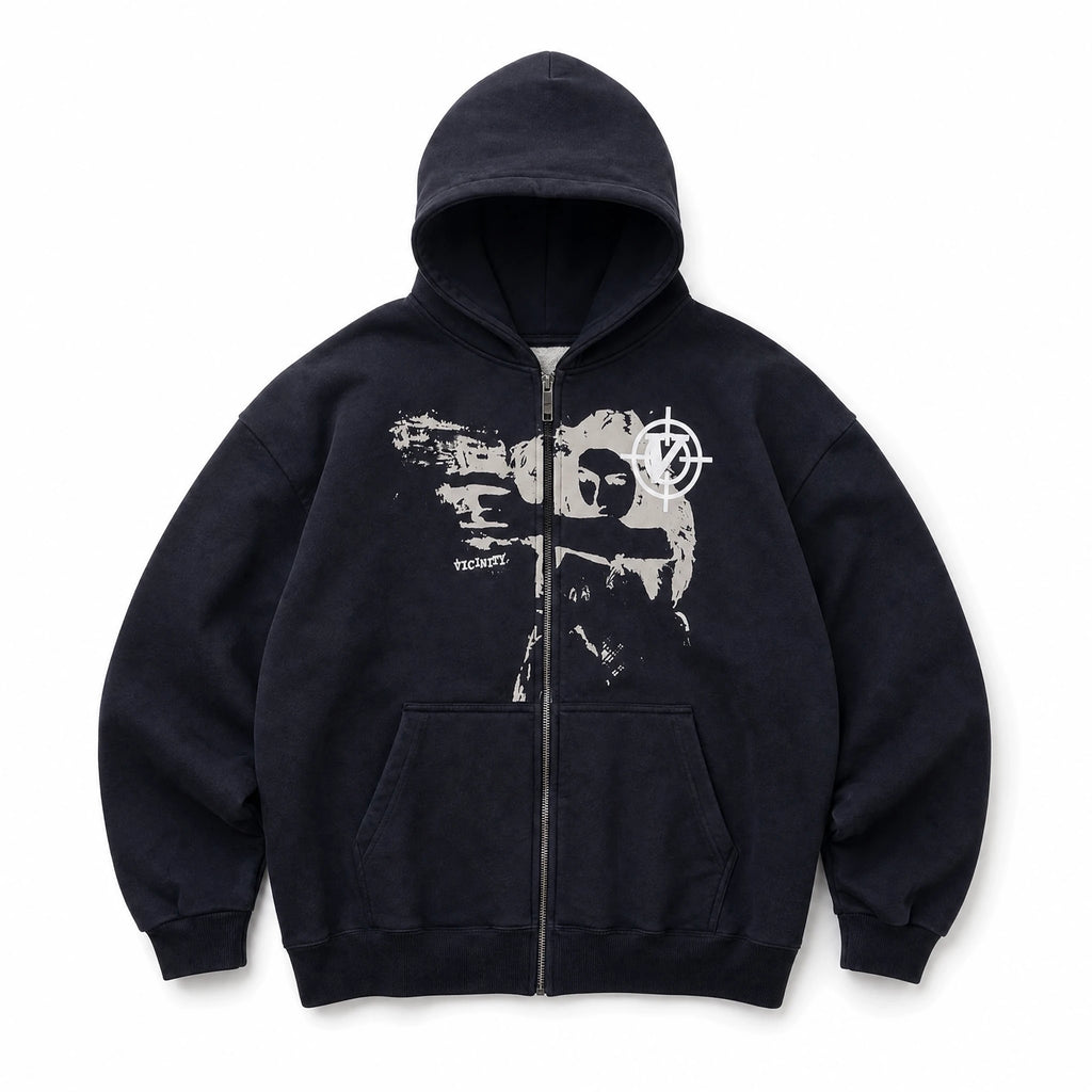 Sweat Zippé à Capuche Noir avec Imprimé Graphique - image principale