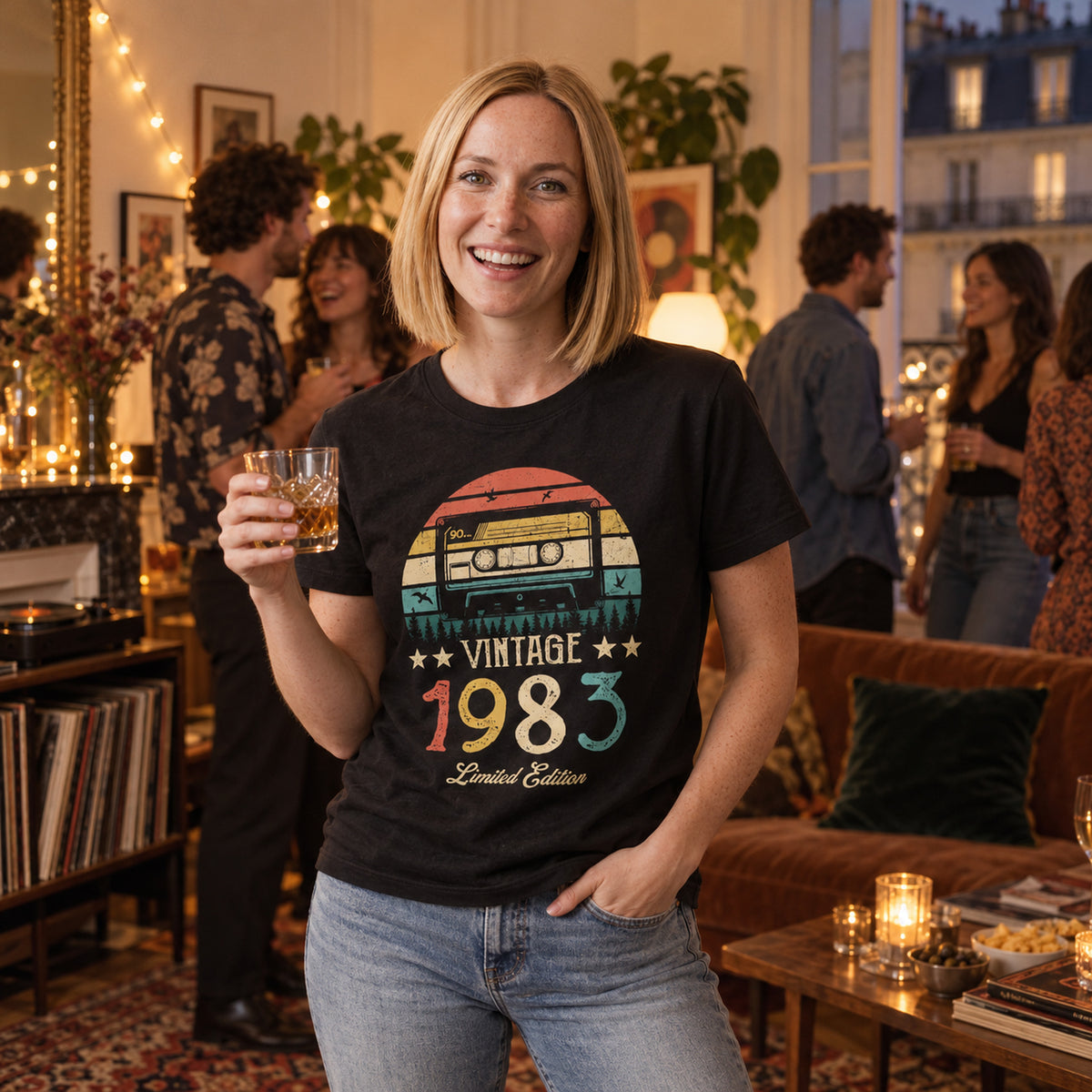 Femme portant le t-shirt vintage années 80 à imprimé cassette sous une veste en jean dans la rue Image