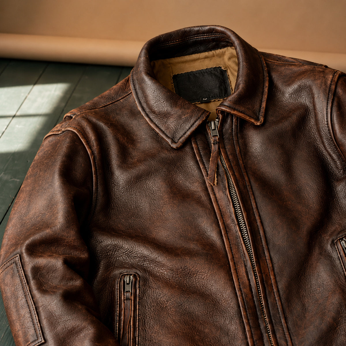Gros plan sur le col rabattu et la teinte marron patinée de la veste vintage homme Image