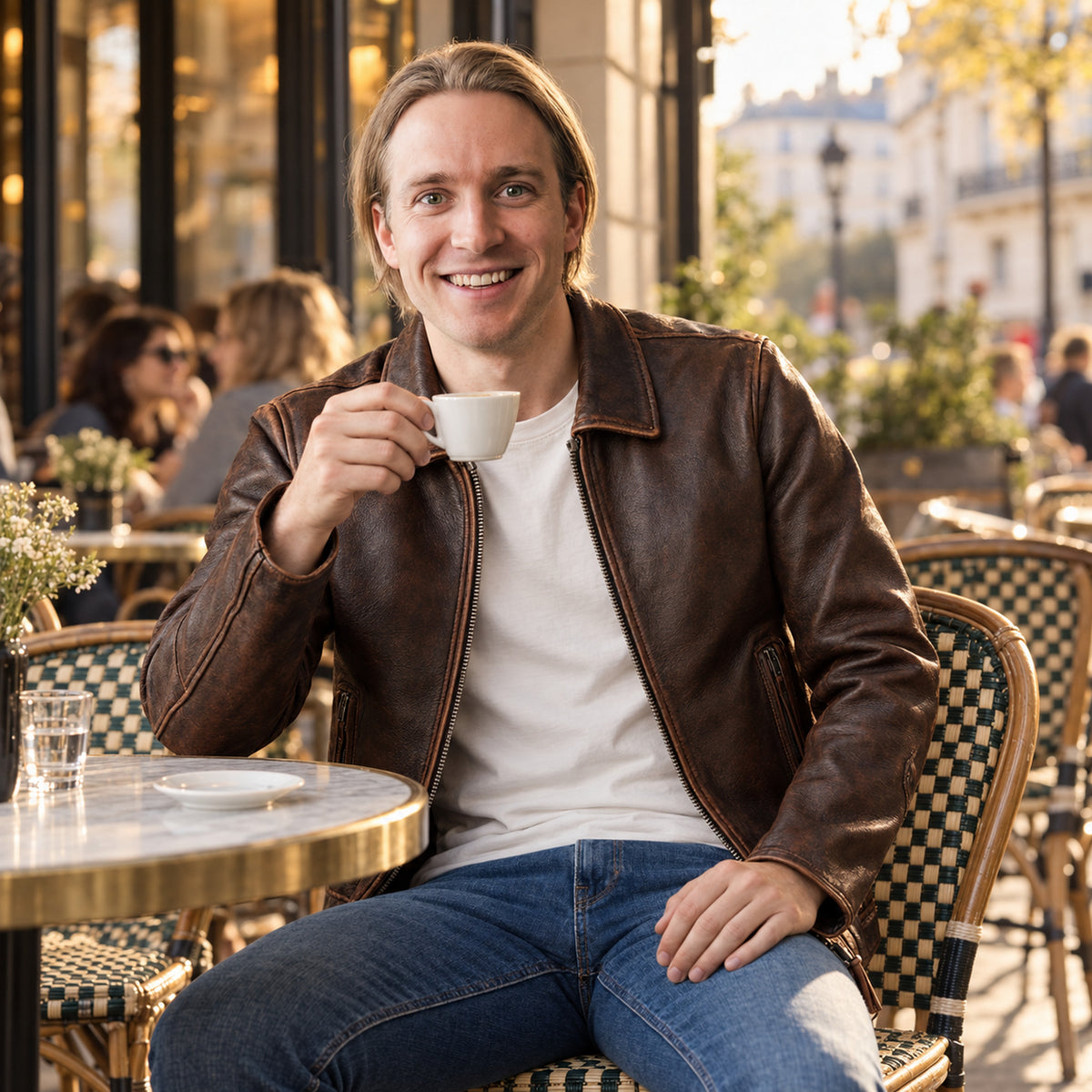Homme en veste vintage marron effet cuir assis à une terrasse de café parisienne, fin d'après-midi Image