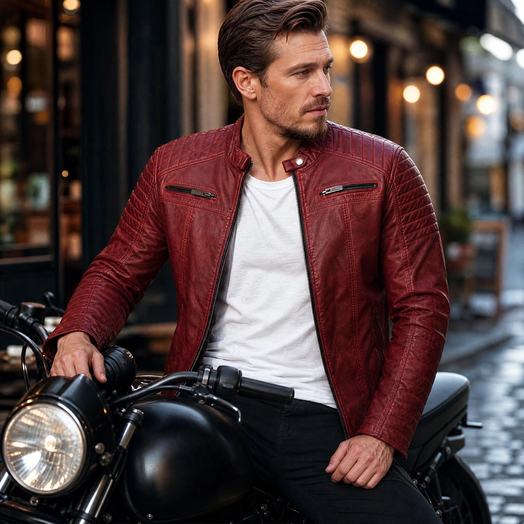 Veste de motard en cuir à fermeture éclair et col montant vintage - Utilisation GLOBALE