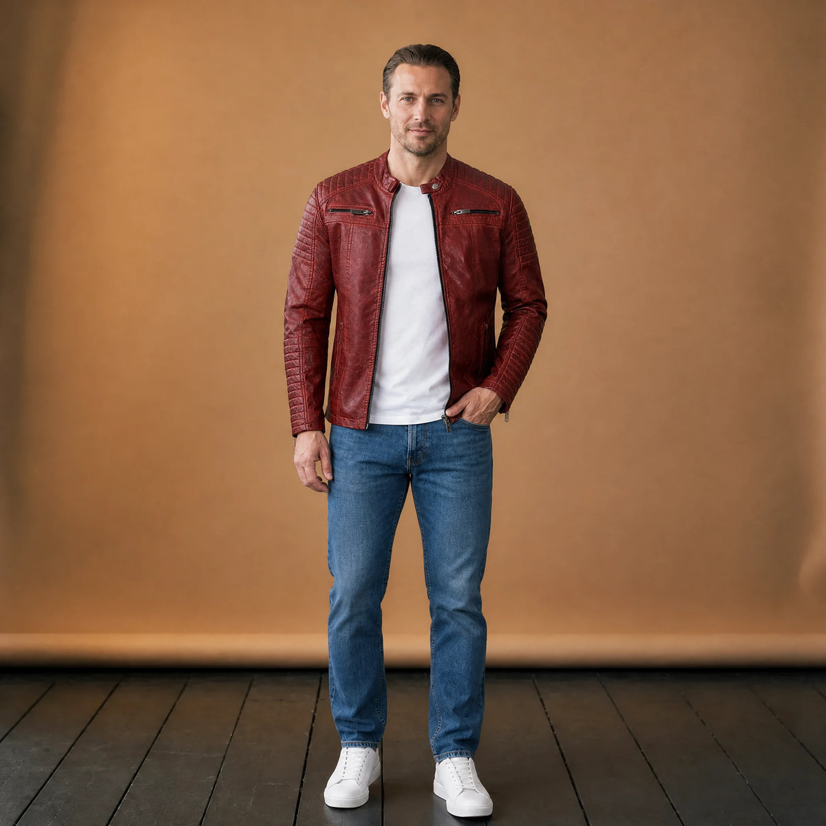 Veste de motard en cuir à fermeture éclair et col montant vintage - VETEMENT Studio HOMME