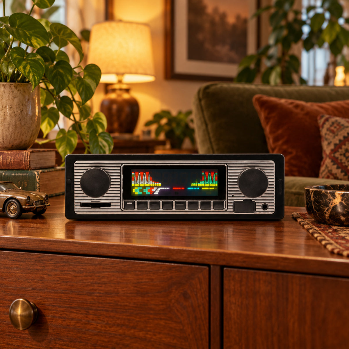 Autoradio vintage bluetooth à façade chromée installé et allumé dans le tableau de bord d'une voiture Image
