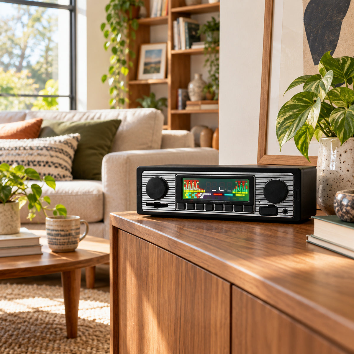 Vue large de l'habitacle d'une voiture avec l'autoradio vintage bluetooth à façade chromée en place Image