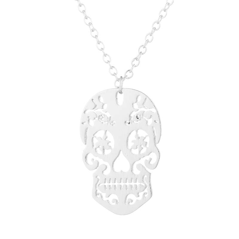 Collier Pendentif Imprimé Tête De Mort Et Squelette, Gothique. Argenté
