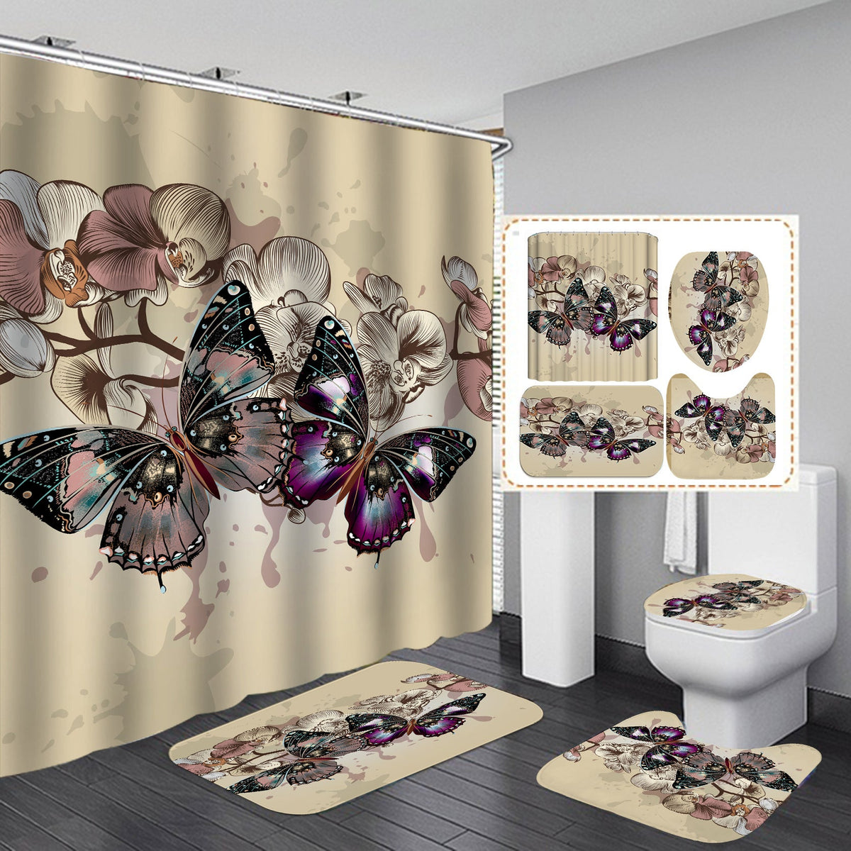 rideau-de-douche-tissu-papillon-vintage