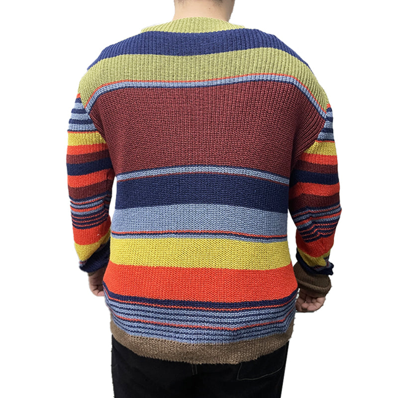 Pull en tricot à col en V vintage à rayures arc-en-ciel