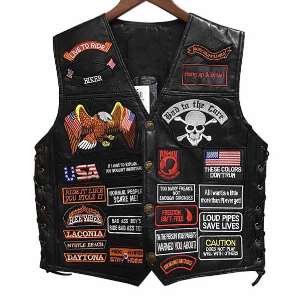 Mens Embroidered Badge Leather Cycling Vest 14570111A Black / S Vests