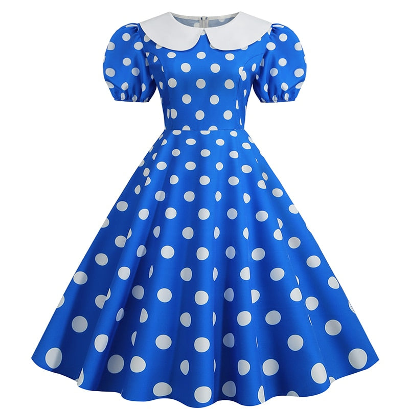 Robe Vintage Bleu à Pois Blanc