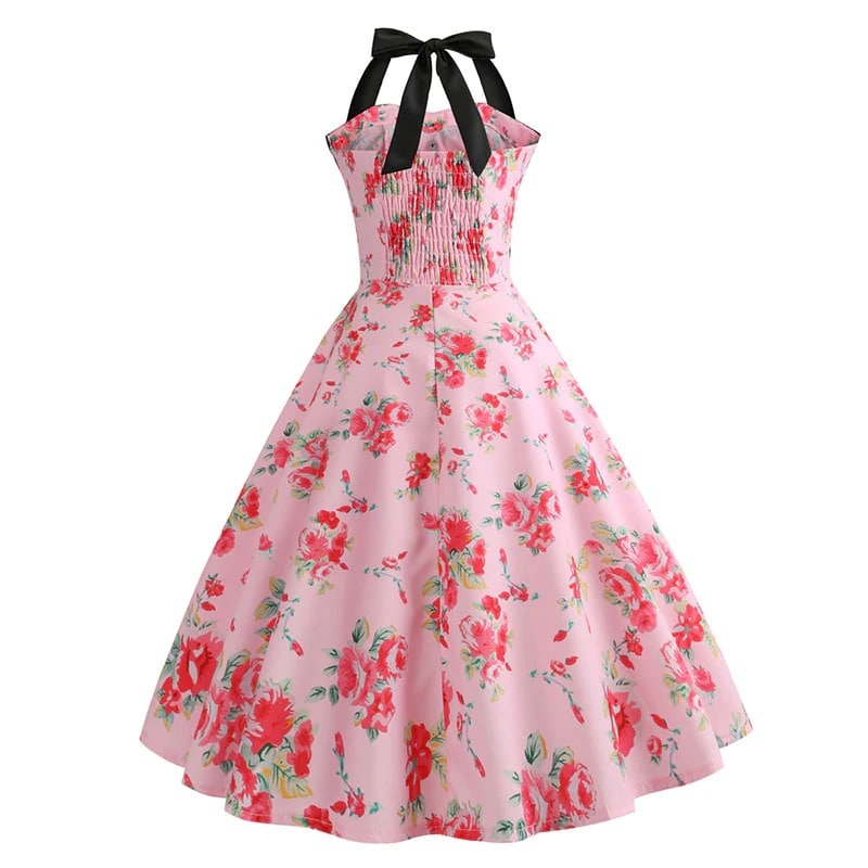 robe-annee-80-pin-up-rose-fleurs