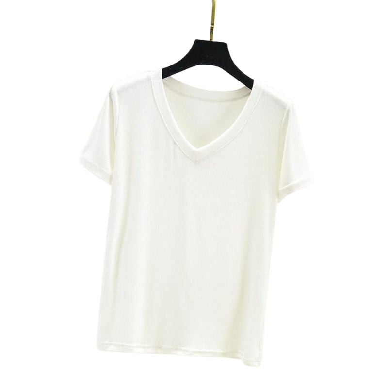    t-shirt-femme-vintage-col-v-blanc